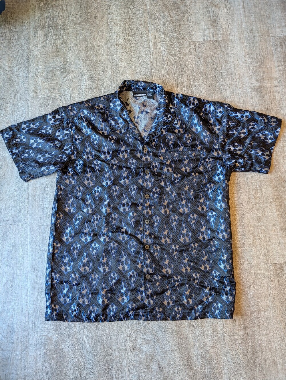 Y2K Odo Blue & Silver Flame Men's Button Down Vintage Club Wear Vintage - Large